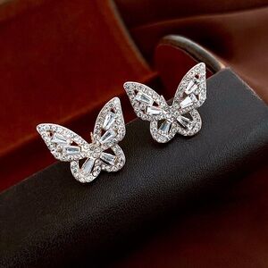 Crystal Butterfly Stud Earrings - Silver Tone
